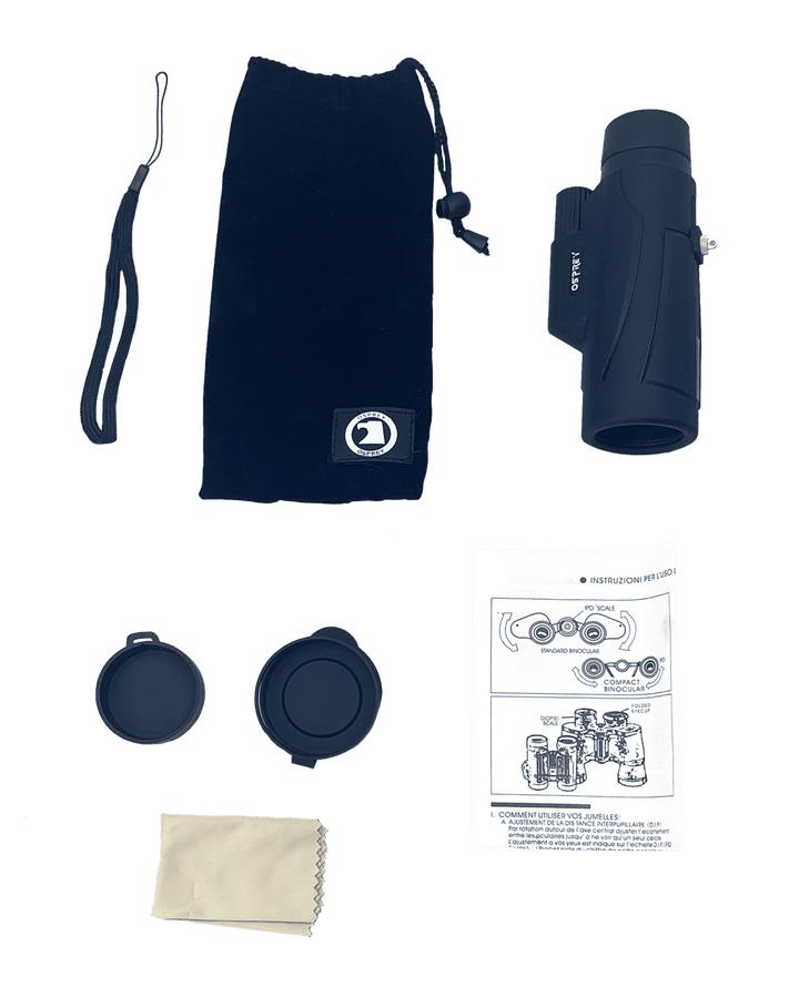 Black matte 8×42 Monocular with carrying case, strap, lens covers, cleaning cloth, and instruction manual.