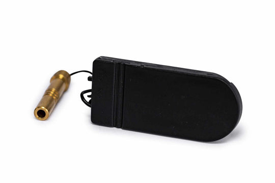 Red .22 Long Rifle Boresight with brass construction and black battery case for precise laser sighting