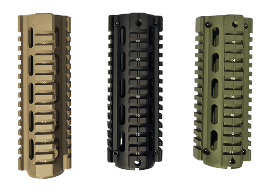 Set of three Osprey carbine length quad rails in tan, black, and olive green with numbered slots for mounting accessories
