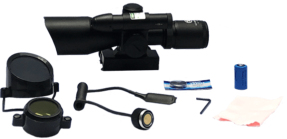 2.5-10x40MDG rifle scope with variable zoom, 5mW green laser, built-in bullet drop compensator, sunshade, integrated mount, and accessories set