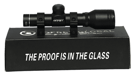 Osprey Standard 2.5x20DP black matte rifle scope with 2.5x magnification and duplex reticle on product box