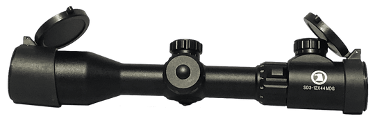 Standard 3-12x44MDG rifle scope with illuminated Mildot reticle, sunshade, and flip-up lens covers in black matte finish