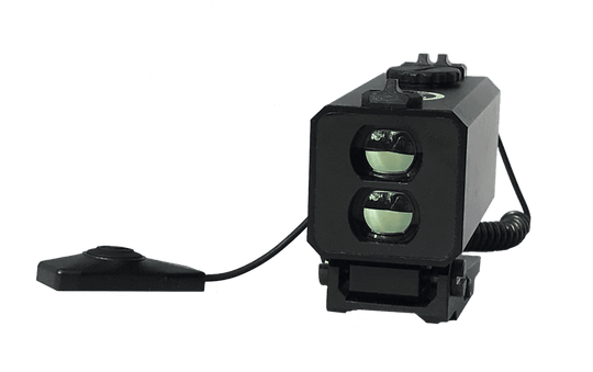 Compact weapons mounted range finder with recoil-resistant metal shell and illuminated OLED display for distances of 5 to 700 meters