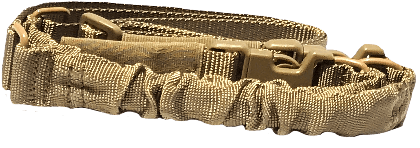 Tan tactical rifle sling with quick release clips and elastic bungee design for weapon attachment and comfort