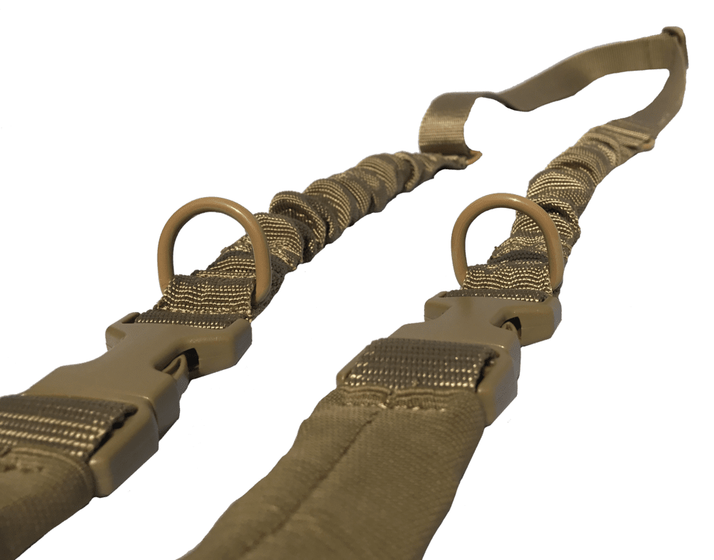 Tan tactical sling with quick release clips and elastic bungee features for weapons, made by Osprey.